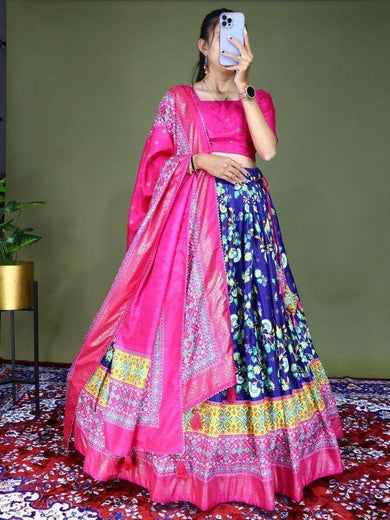 Stunning Blue Floral Printed Dola Silk Festival Wear Lehenga Choli